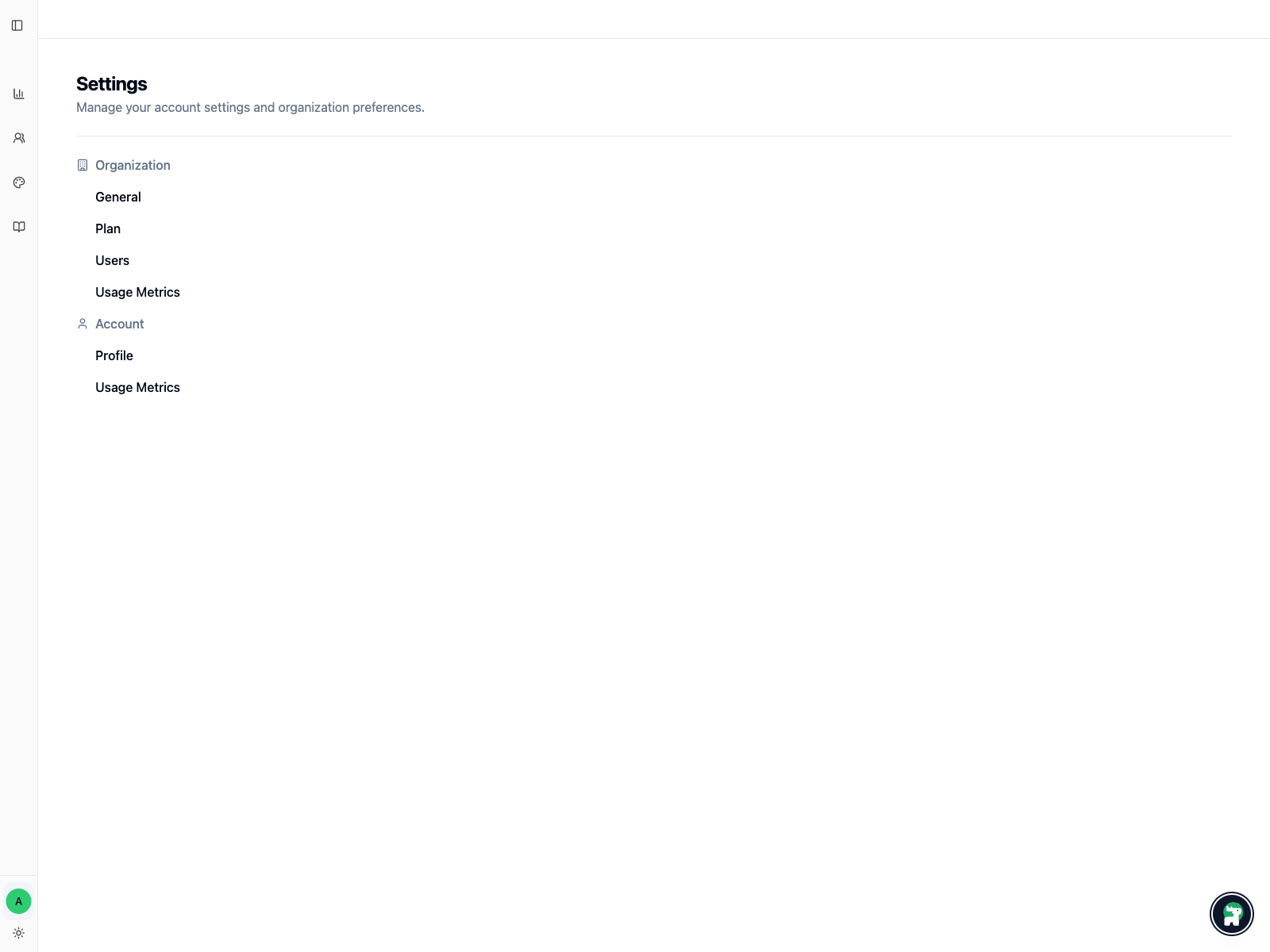 Settings page with organization and account sections